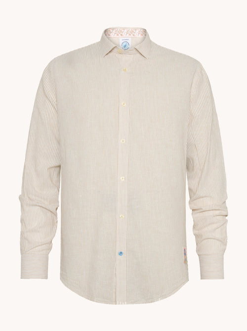 A fish named Fred - Shirt stripe linen - Sand-colored linen long-sleeve shirt with classic collar and subtle texture from A Fish Named Fred colorful menswear.