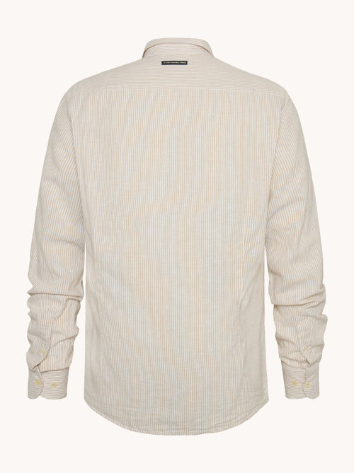 A fish named Fred - Shirt stripe linen - Sand-colored linen long-sleeve shirt by A Fish Named Fred, premium mens fashion with subtle fish hook detail on cuffs.