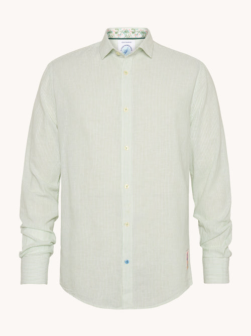 A fish named Fred - Shirt stripe linen - Light sand linen long-sleeve shirt with subtle texture, button-down front, and slim fit, premium mens fashion by A Fish.