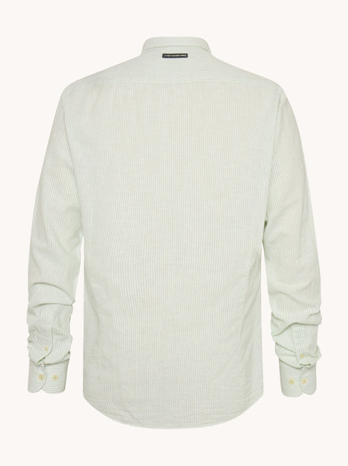 A fish named Fred - Shirt stripe linen - Light sand-colored long-sleeve linen shirt from A Fish Named Fred, premium mens fashion with subtle fish hook detail on cuffs.
