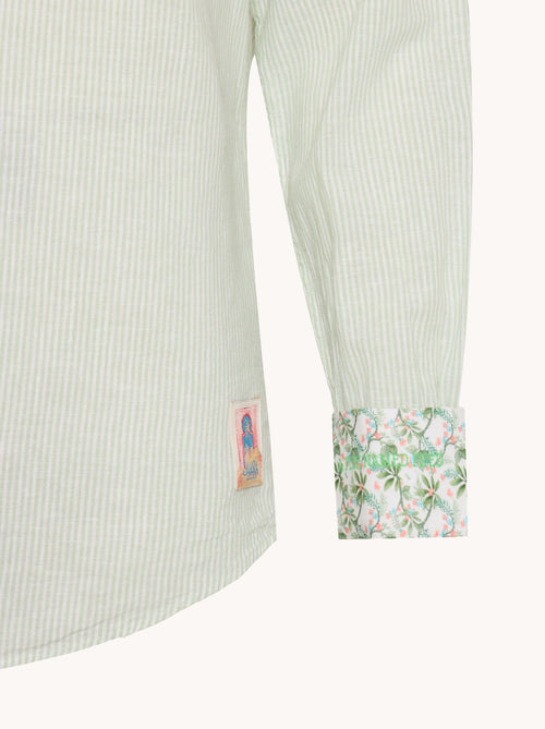 A fish named Fred - Shirt stripe linen - Light green and white striped linen shirt sleeve with floral patterned cuff and A Fish Named Fred logo patch near hem.