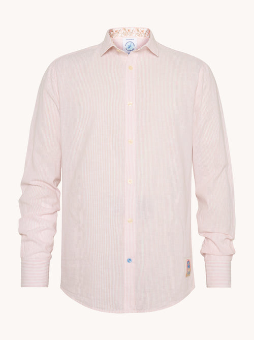 A fish named Fred - Shirt stripe linen - Light pink striped linen long-sleeve shirt from A Fish Named Fred with classic collar and subtle fish hook detail on button.