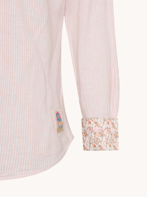 A fish named Fred - Shirt stripe linen - Light pink striped linen shirt sleeve with floral cuff, fish hook detail tag, premium mens fashion by A Fish Named Fred.