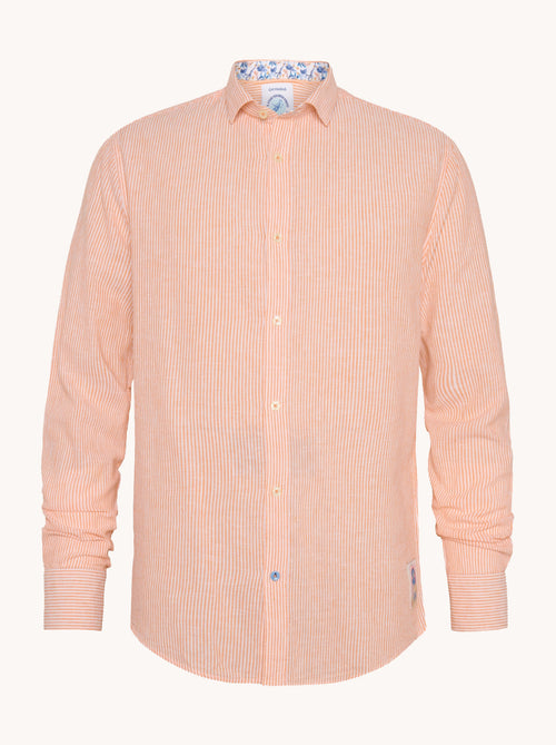 A fish named Fred - Shirt stripe linen - Light pink long-sleeve linen shirt with button-up front and subtle fish hook detail on cuff, premium mens fashion from A.