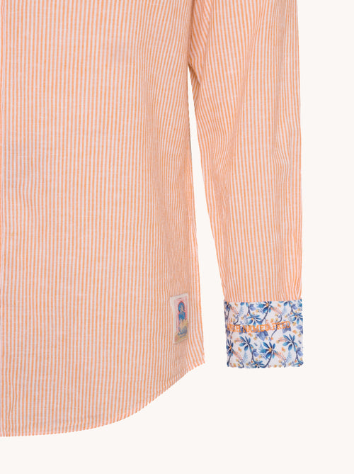 A fish named Fred - Shirt stripe linen - Sand-colored linen long sleeve shirt with thin stripes, floral patterned cuffs, and A Fish Named Fred logo tag near hem.