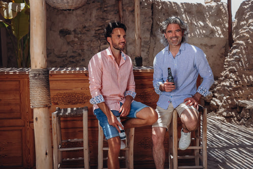 A fish named Fred - Shirt stripe linen - Men wearing colorful menswear from A Fish Named Fred, featuring a pastel striped linen shirt with a fish hook detail and.