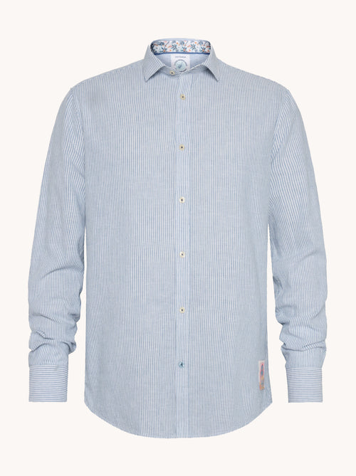 A fish named Fred - Shirt stripe linen - Light blue linen long-sleeve shirt with classic collar and subtle fish hook detail on hem, premium mens fashion by A Fish.
