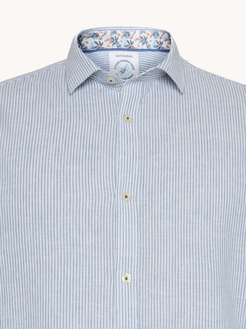 A fish named Fred - Shirt stripe linen - Light blue and white striped linen shirt with artistic floral print inside collar, fish hook detail on yoke, premium mens.