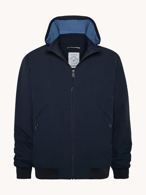 A fish named Fred - Sportive jacket - Navy sportive jacket with hood, front zipper, ribbed cuffs, and subtle A Fish Named Fred label inside collar.