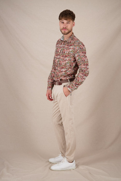 A fish named Fred - Pantalon melange pique - Beige formal pants from A Fish Named Fred paired with a colorful artistic print shirt and fish hook detail belt, styled in.
