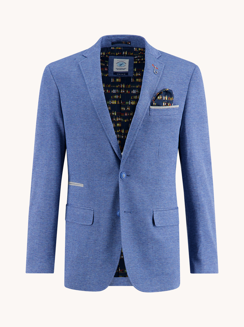 Men’s tailored blazer in plaid fabric blue  stretch fun inner lining and fish hook – A Fish Named Fred