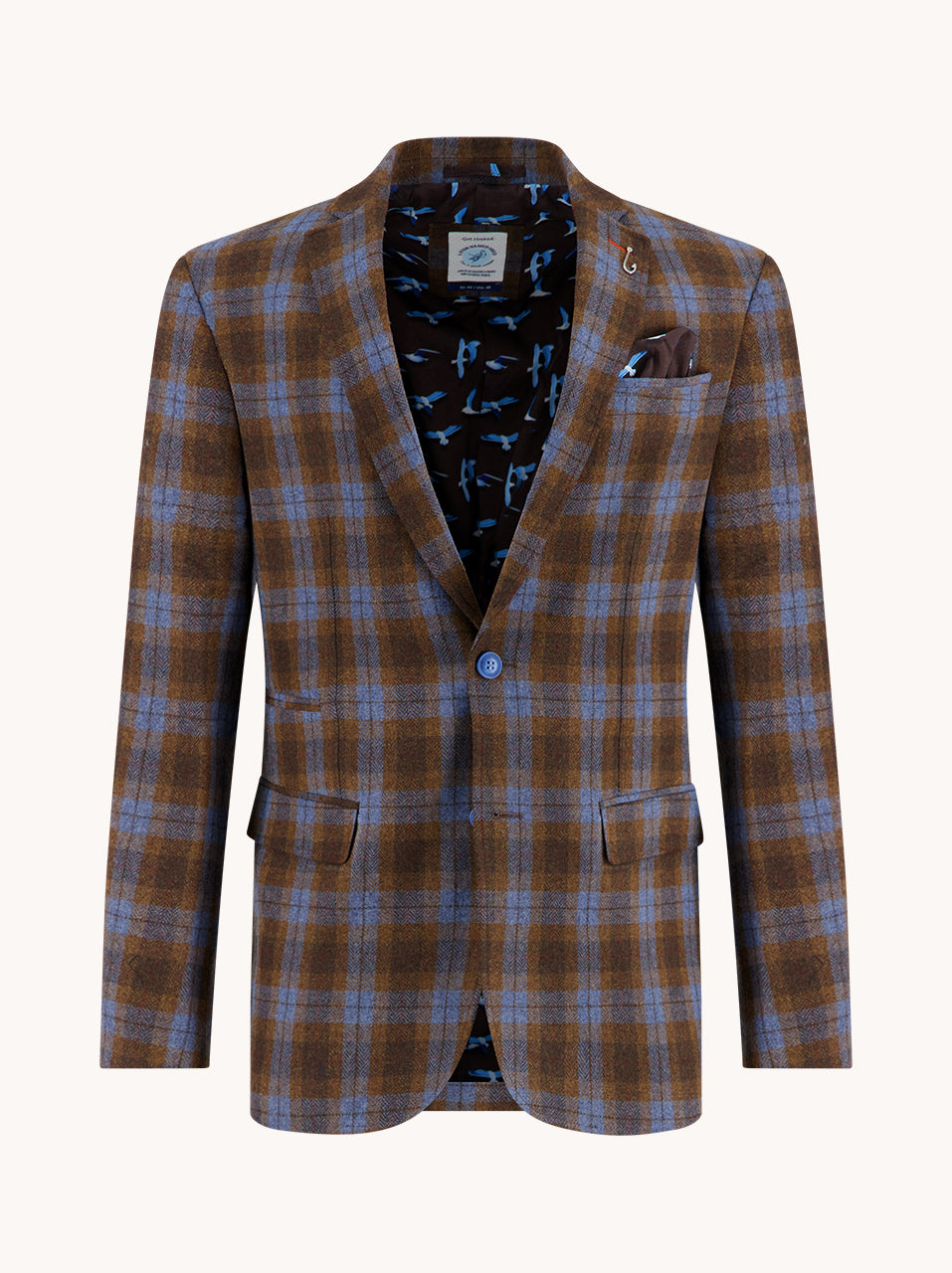 Men’s tailored blazer in check fabric with brown and blue with stretch fun inner lining and fish hook – A Fish Named Fred