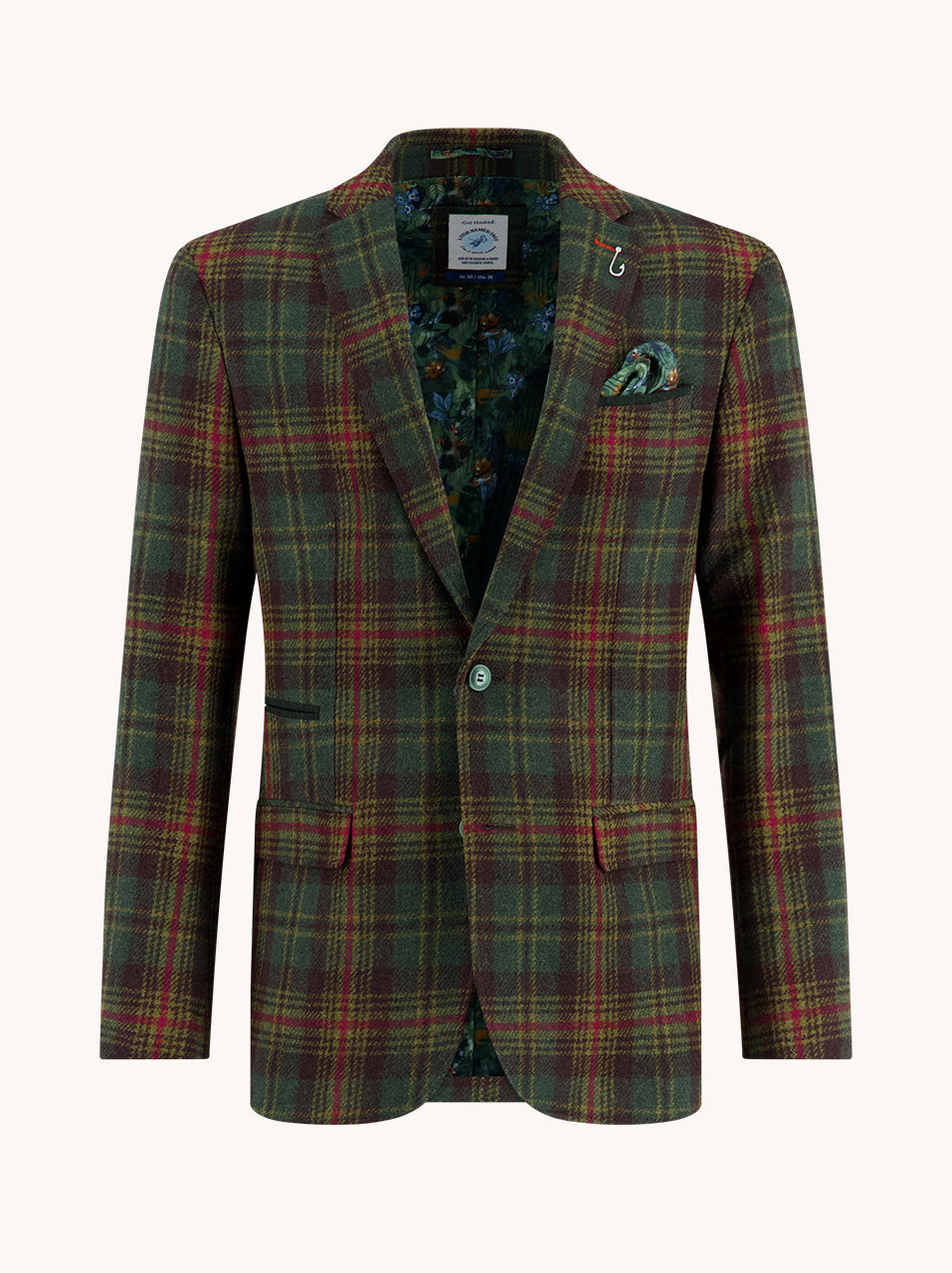 Men’s tailored blazer in tartan wool green with stretch fun inner lining and fish hook – A Fish Named Fred