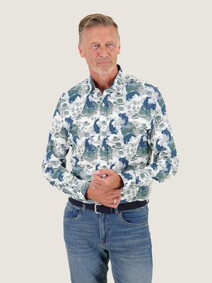 A Fish Named Fred men's Koi Carp shirt in Forest Green, worn by a model, studio shot