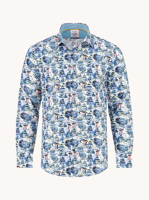 A Fish Named Fred men's Temple shirt in Jeans Blue, front view