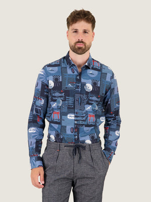 A Fish Named Fred men's Oriental shirt in Multicolour Blue, worn by a model, studio shot