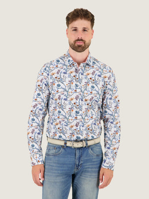 A Fish Named Fred men's Blossom shirt in Off-White, worn by a model, studio shot