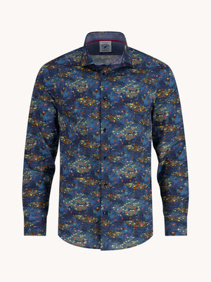 A Fish Named Fred men's Water Garden shirt in Night Sky Blue, front view