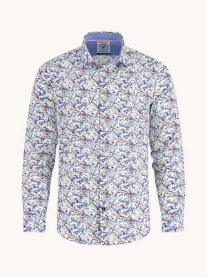 A Fish Named Fred men's Crane Sky shirt in Off-White, front view