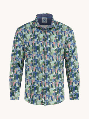 A Fish Named Fred men's Tokyo Signs shirt in Multicolour Green, front view