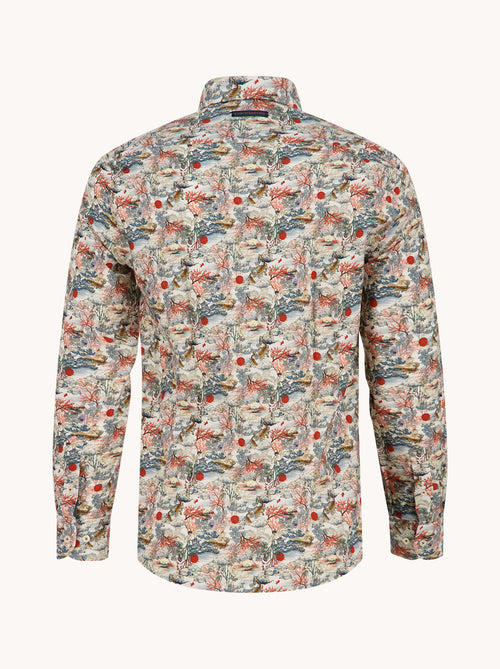 A Fish Named Fred men's Fuji Dream shirt in Off-White, back view