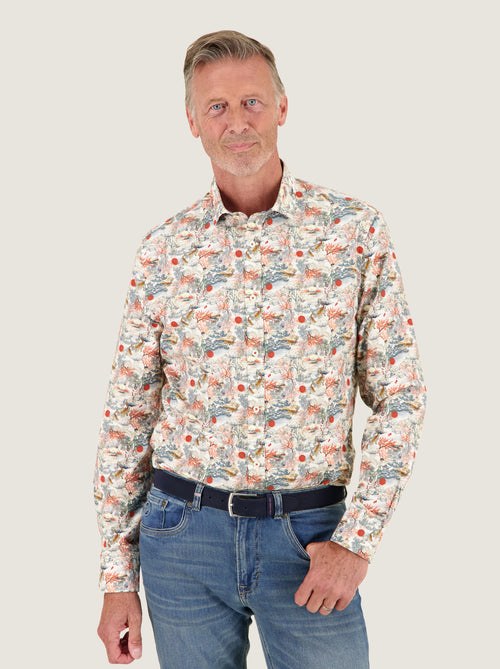 A Fish Named Fred men's Fuji Dream shirt in Off-White, worn by a model, studio shot