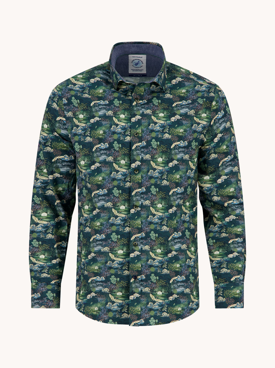 A Fish Named Fred men's Fuji Dream shirt in Dark Green, front view