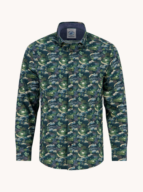 A Fish Named Fred men's Fuji Dream shirt in Dark Green, front view