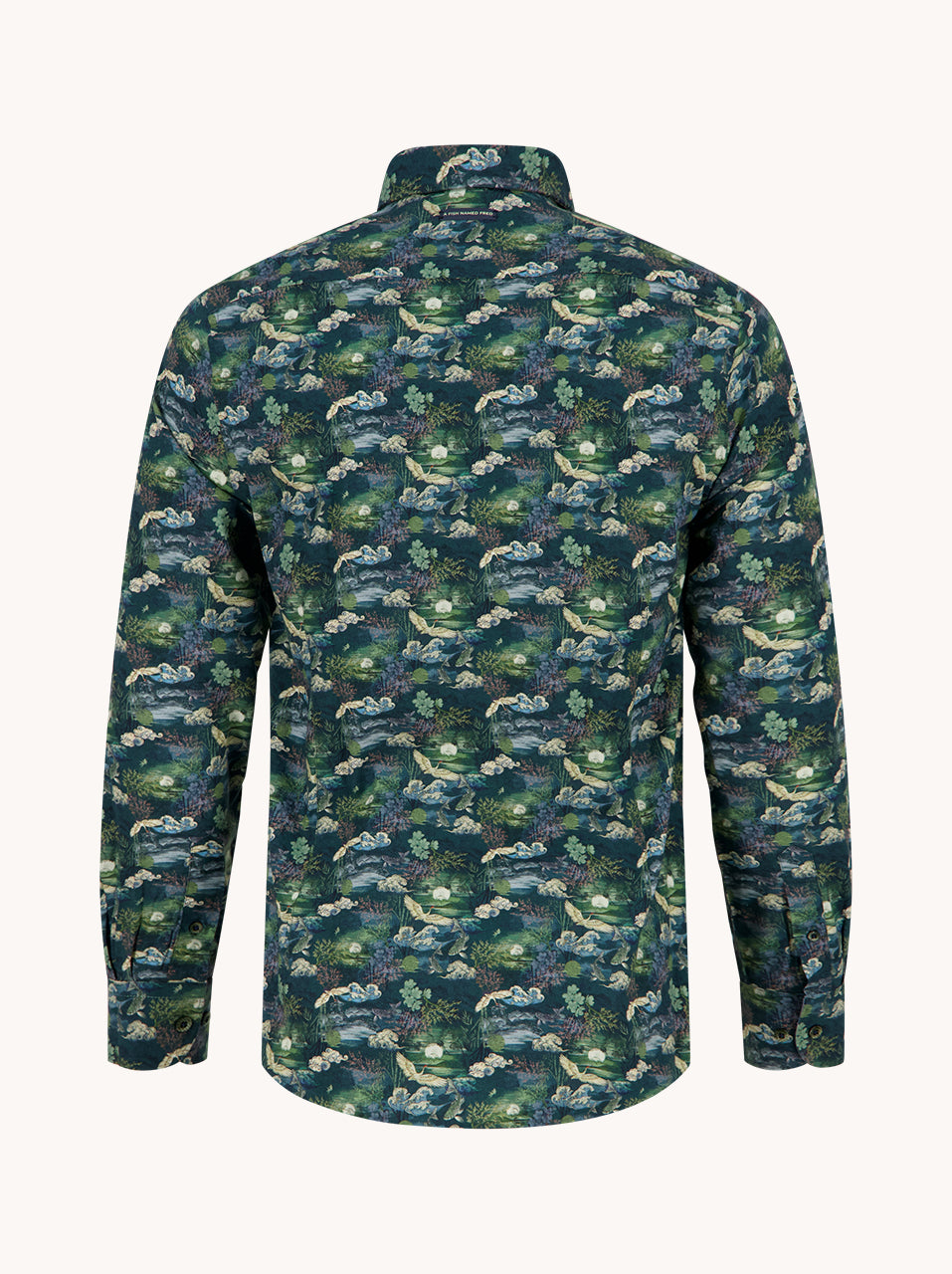 A Fish Named Fred men's Fuji Dream shirt in Dark Green, back view