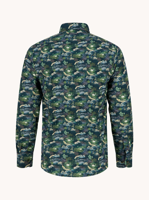 A Fish Named Fred men's Fuji Dream shirt in Dark Green, back view