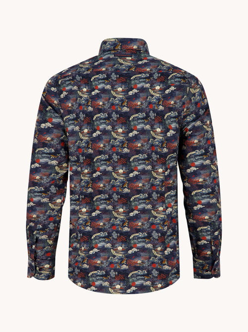 A Fish Named Fred men's Fuji Dream shirt in Navy, back view