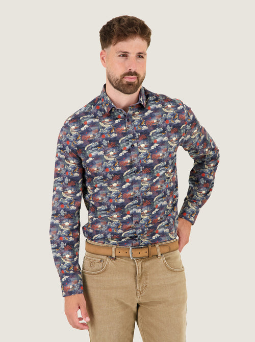 A Fish Named Fred men's Fuji Dream shirt in Navy, worn by a model, studio shot