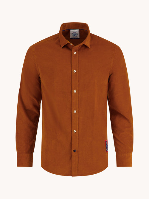 A Fish Named Fred men's Corduroy shirt in Cognac, front view