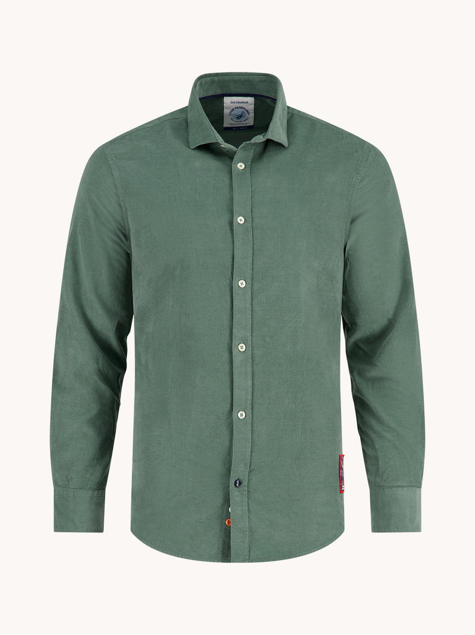 A Fish Named Fred men's Corduroy shirt in Forest Green, front view