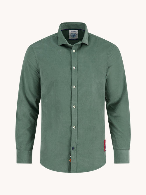A Fish Named Fred men's Corduroy shirt in Forest Green, front view