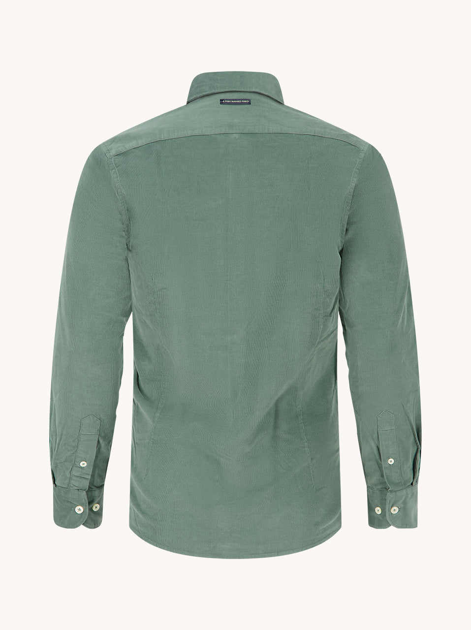 A Fish Named Fred men's Corduroy shirt in Forest Green, back view