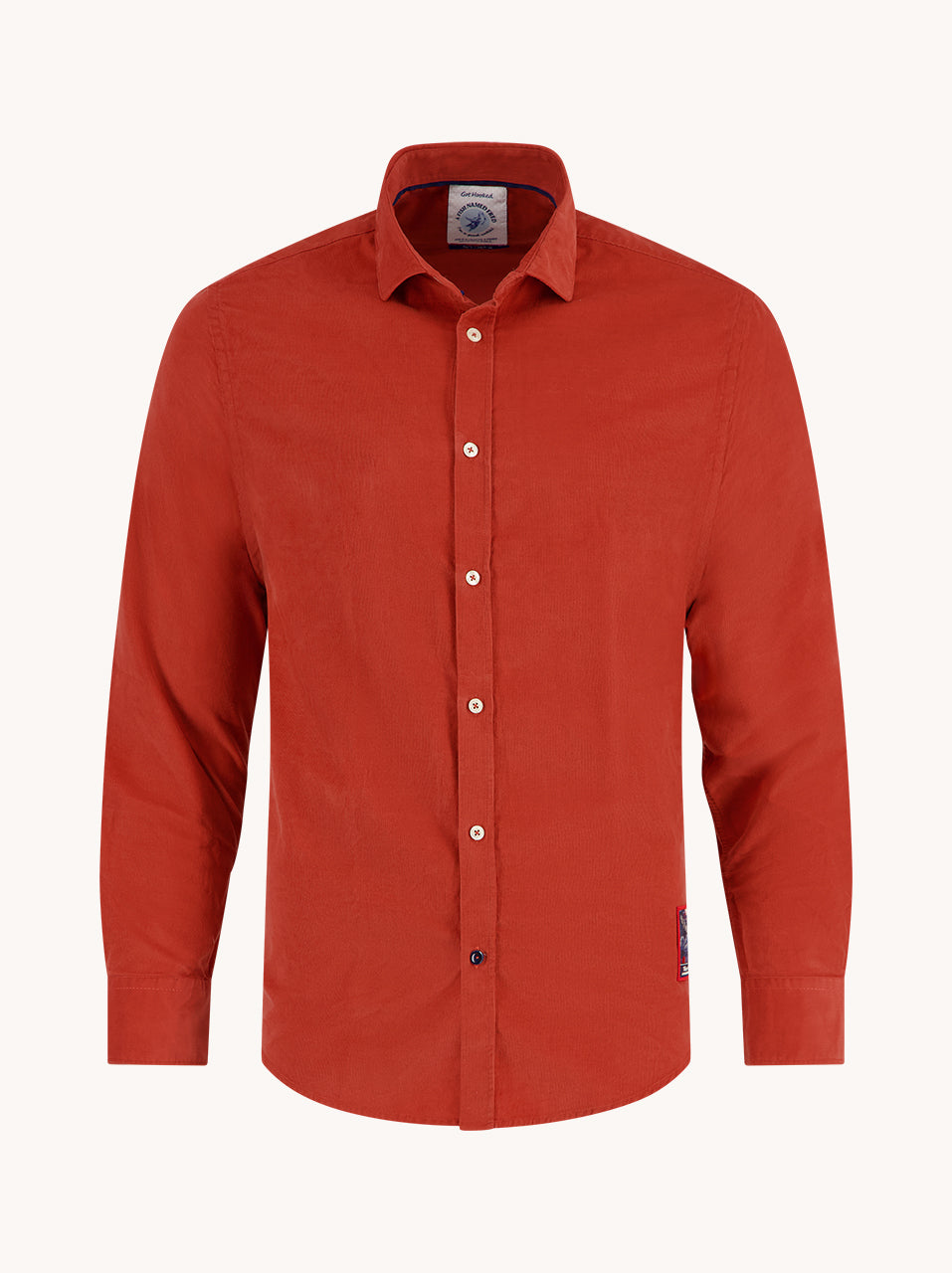 A Fish Named Fred men's Corduroy shirt in Red, front view
