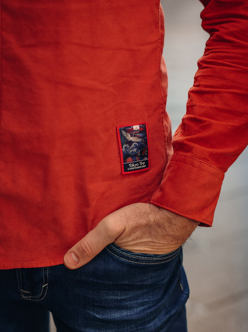 A Fish Named Fred men's Corduroy shirt in Red, close-up of cuff and pocket detail