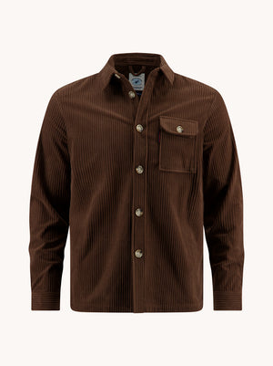 A Fish Named Fred men's Rib overshirt in Chocolate Brown, front view