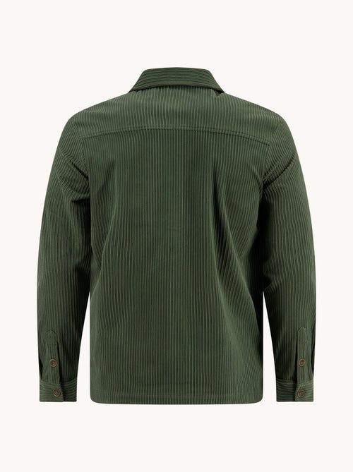A Fish Named Fred men's Rib overshirt in Forest Green, back view