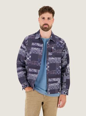 A Fish Named Fred men's Indigo overshirt in Navy, worn by a model, studio shot