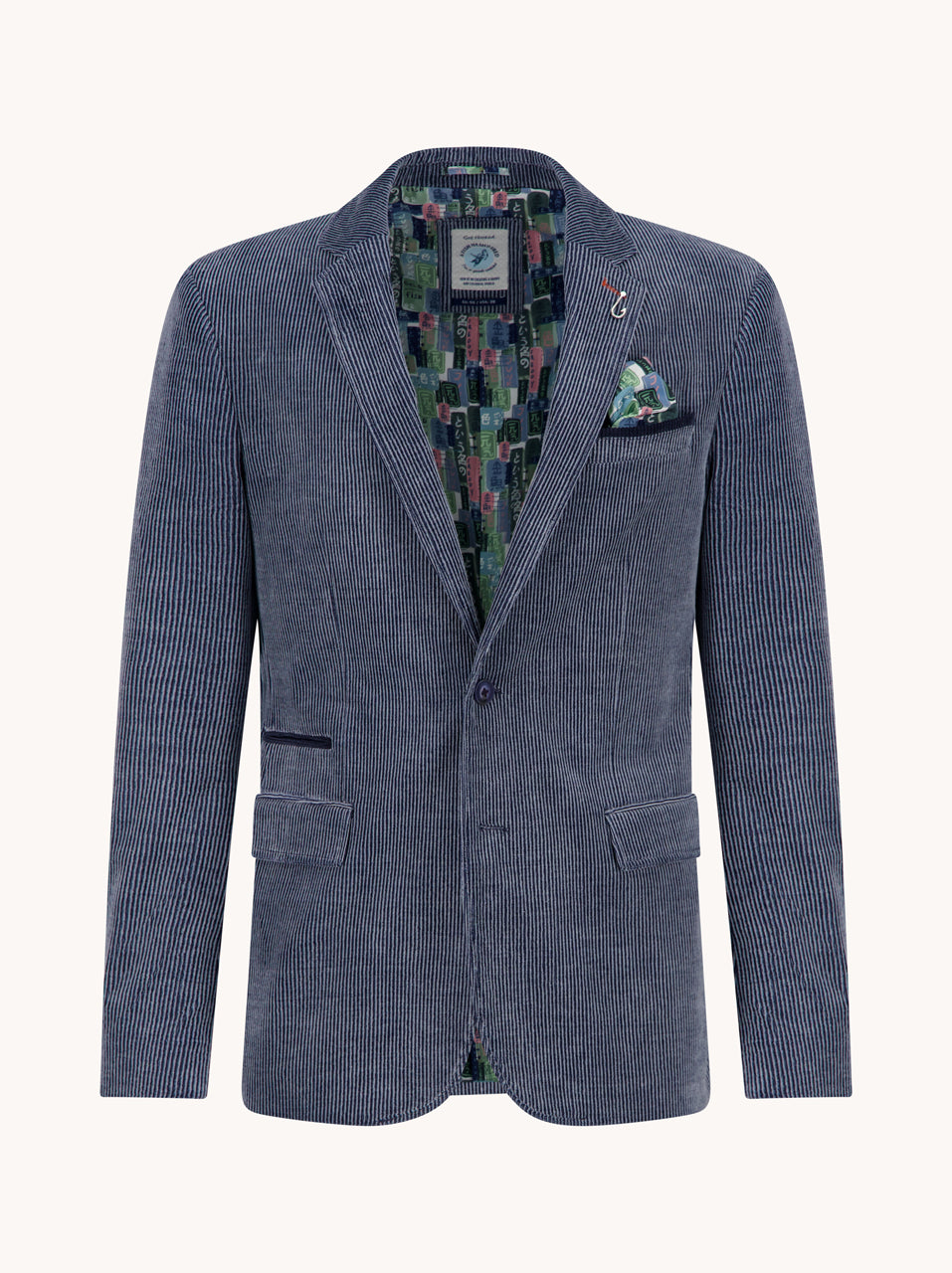 A Fish Named Fred men's Two Tone Rib blazer in Jeans Blue, front view