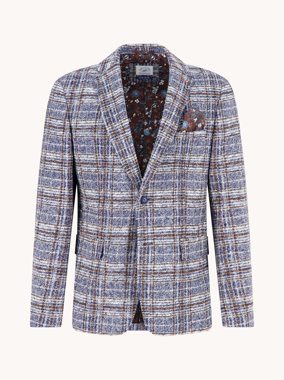 A Fish Named Fred men's Fancy Check blazer in Jeans Blue, front view