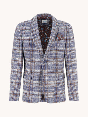 A Fish Named Fred men's Fancy Check blazer in Jeans Blue, front view