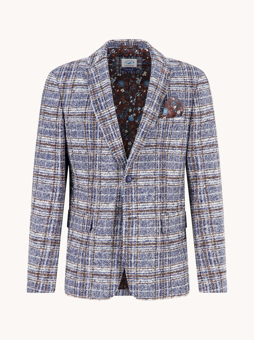 A Fish Named Fred men's Fancy Check blazer in Jeans Blue, front view