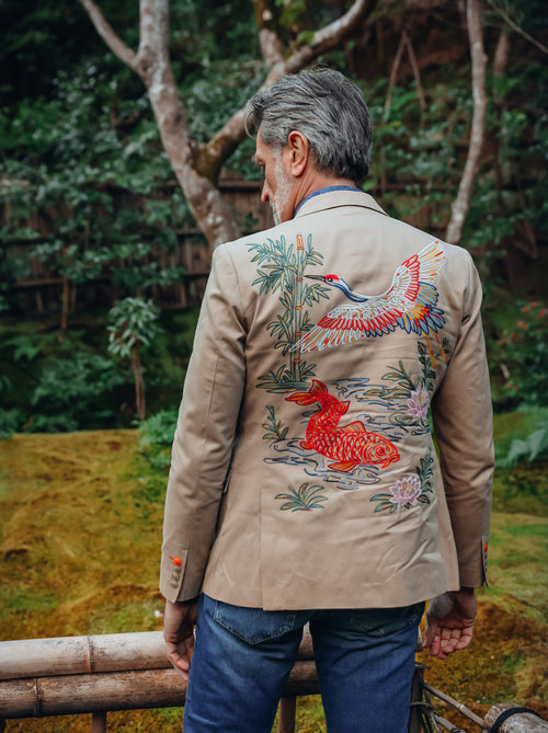 A Fish Named Fred men's Fancy Embroidery blazer in Sand, back view showing the embroidery