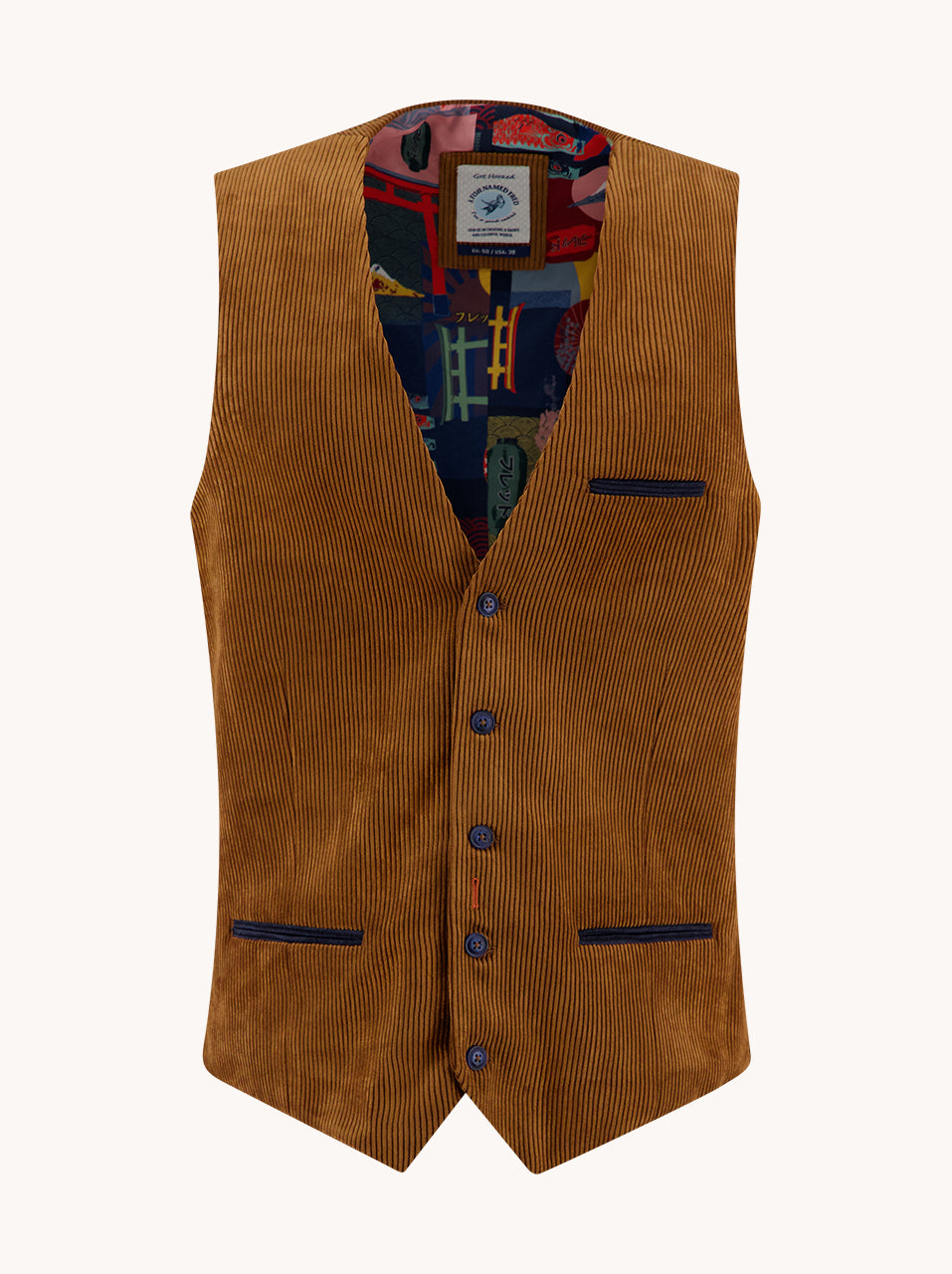 A Fish Named Fred men's Rib waistcoat in Cognac, front view