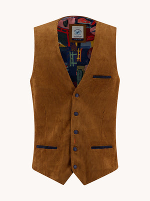 A Fish Named Fred men's Rib waistcoat in Cognac, front view