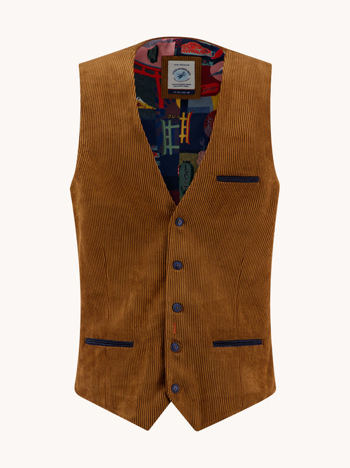 A Fish Named Fred men's Rib waistcoat in Cognac, front view