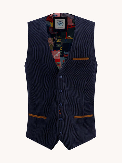 A Fish Named Fred men's Rib waistcoat in Navy, front view